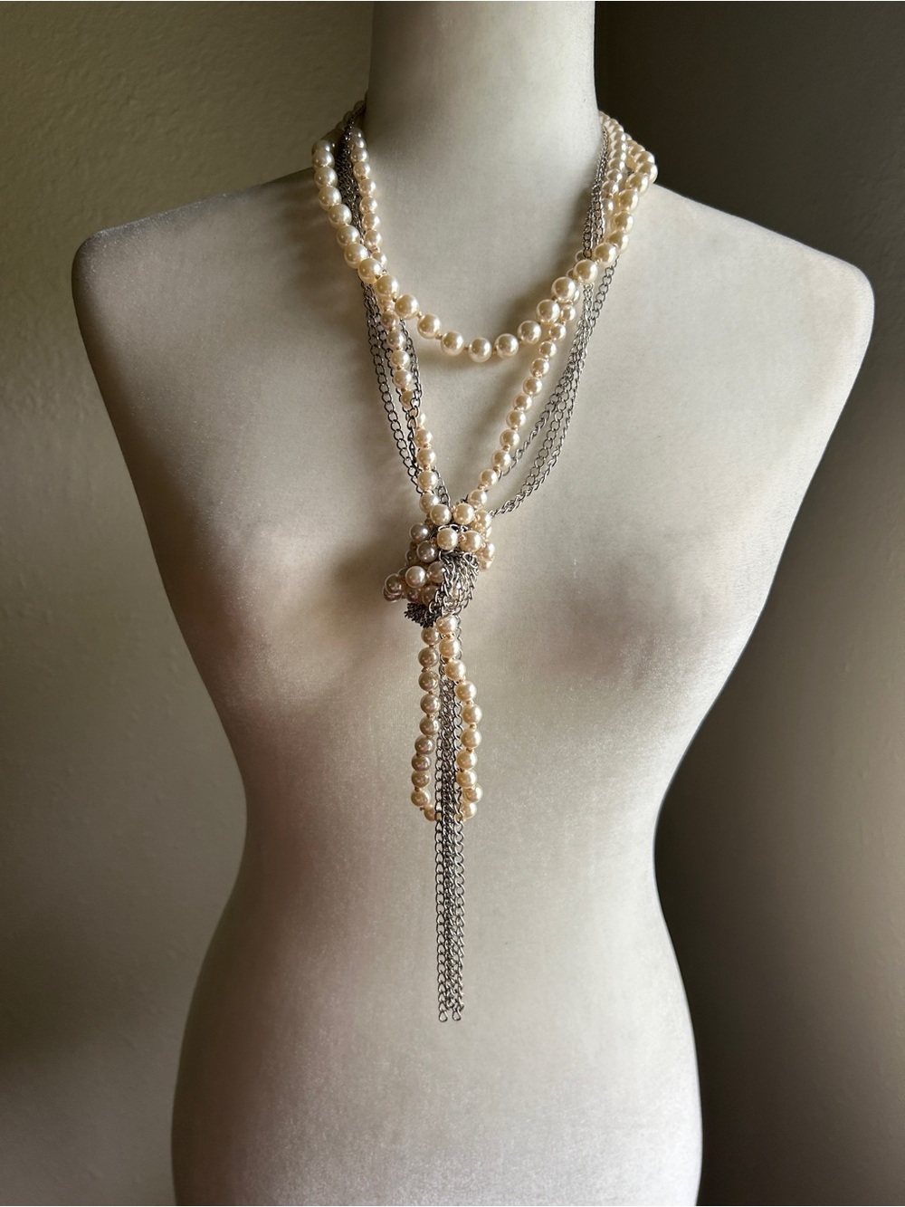 Express Cream Pearl and Silver Multi-Strand Lariat Necklace